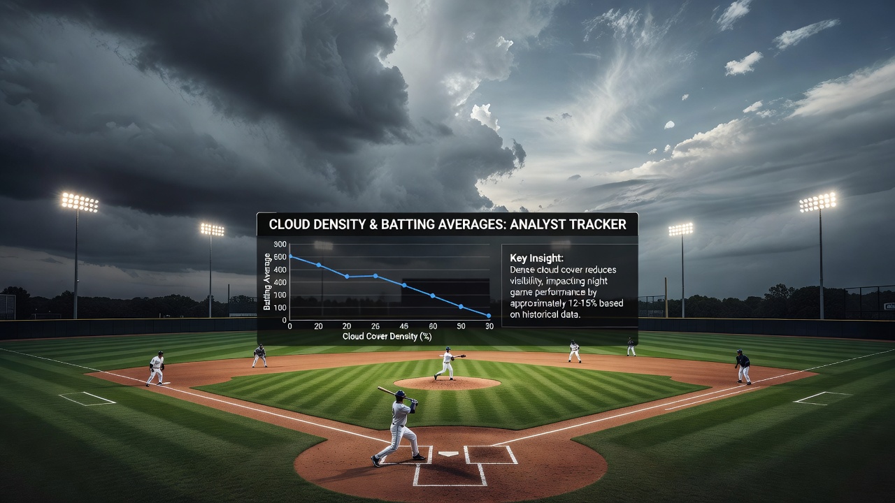 Baseball stadium under varying cloud conditions during a night game with data overlays