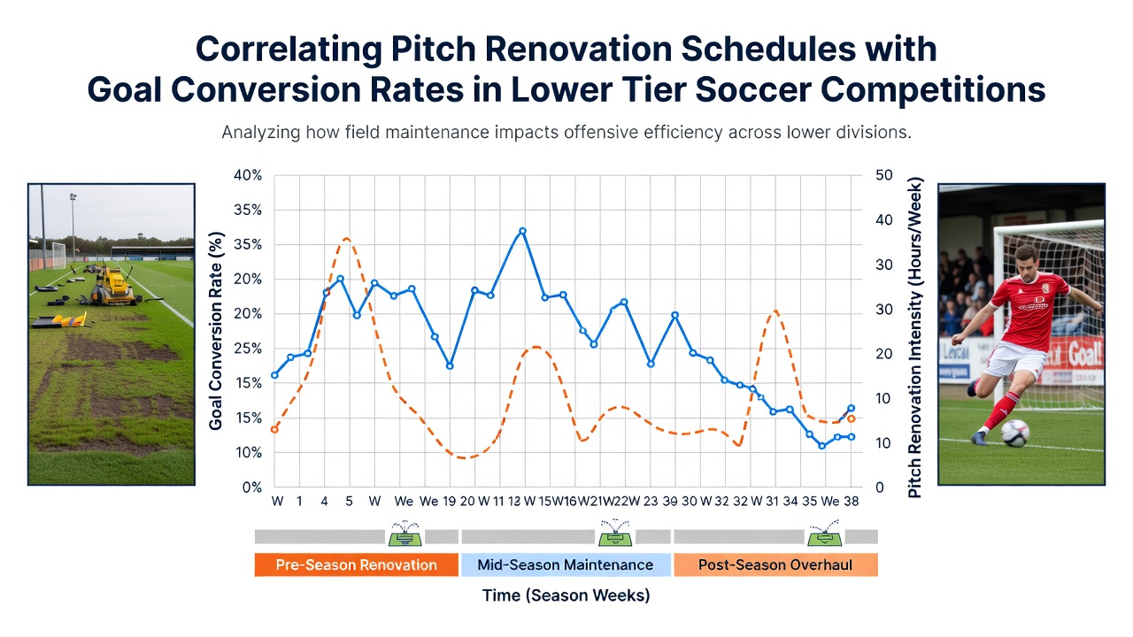 Data charts displaying goal conversion rates plotted against pitch renovation timelines in lower league fixtures