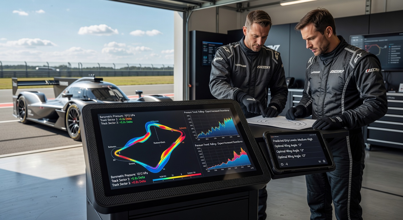 Race engineers analyzing barometric pressure trends on multiple screens during an endurance event