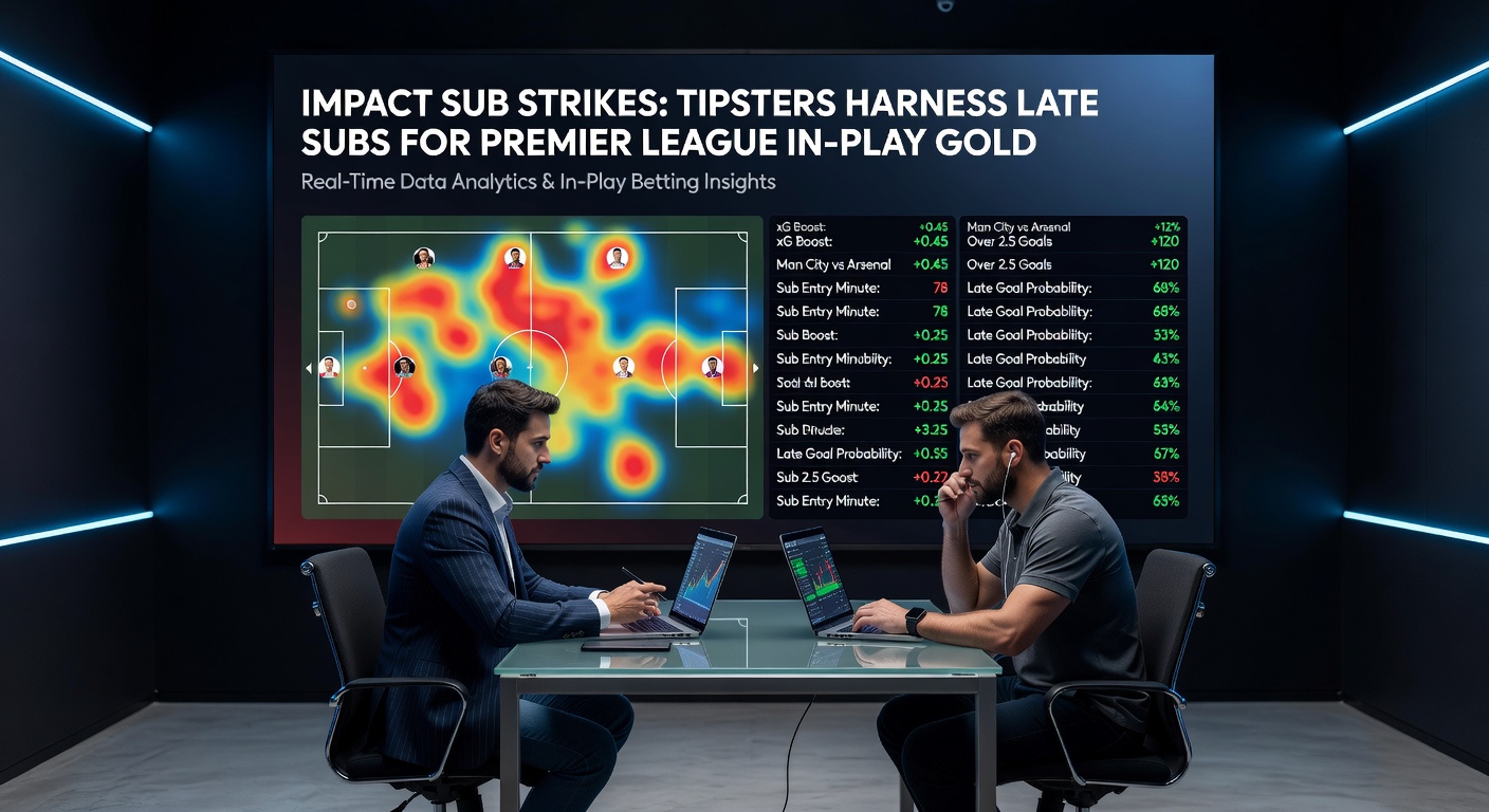 Tipster dashboard showing live Premier League in-play odds shifting dramatically after a key substitution, with graphs of player impact metrics overlaid
