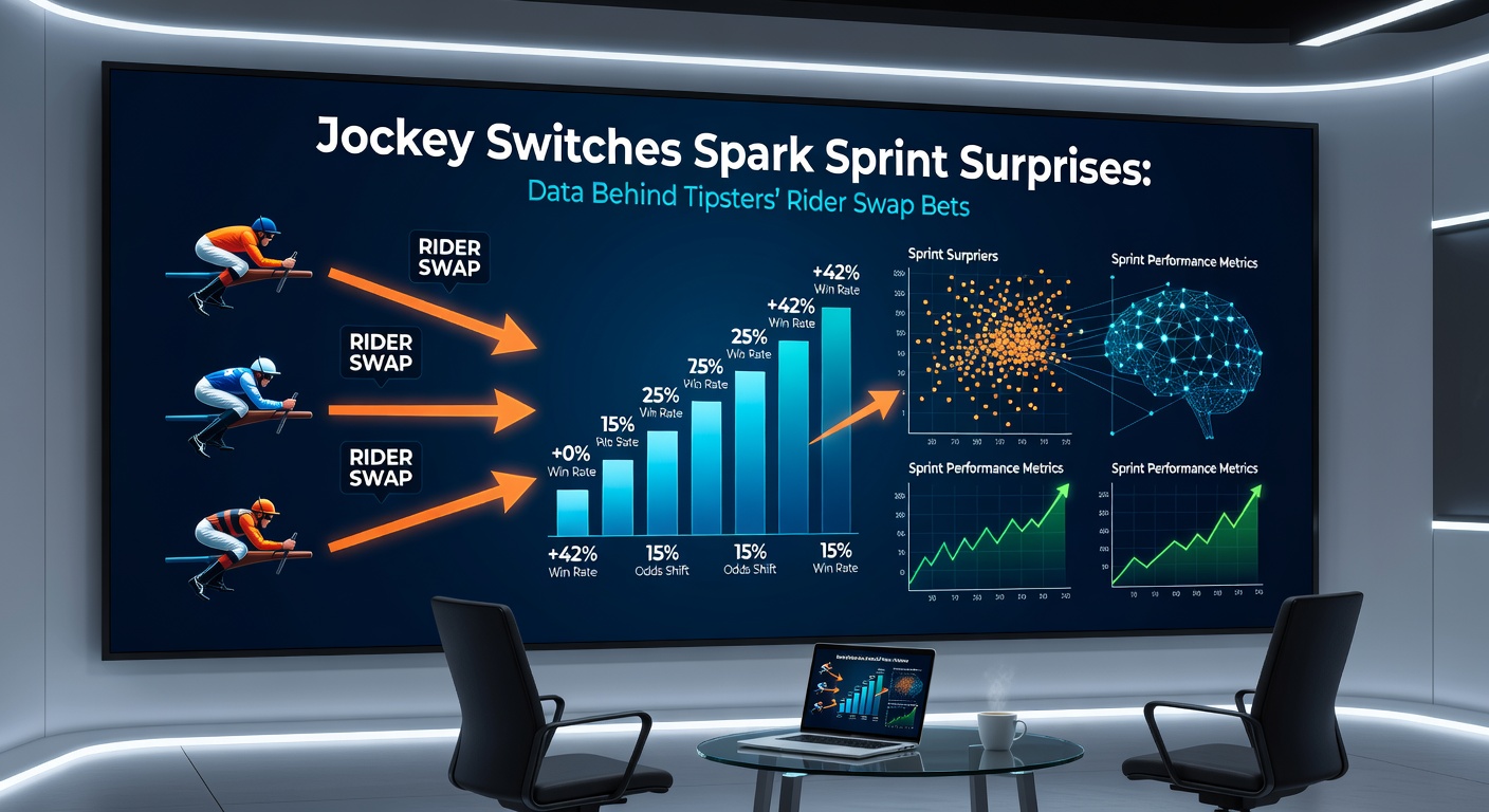 Close-up of a sprint finish with a newly switched jockey urging victory, data overlays showing win probability shifts