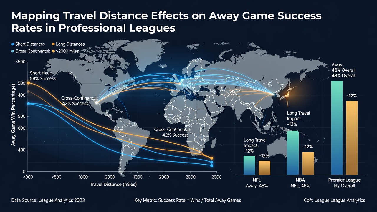 Detailed chart comparing away win percentages against increasing travel distances in basketball, soccer, and football leagues