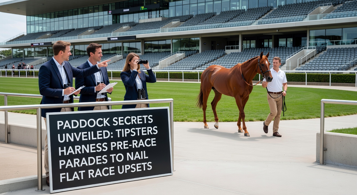 Close-up of a horse displaying ideal pre-race demeanor in the paddock, with tipsters and spectators analyzing its sweat-free coat and confident gait