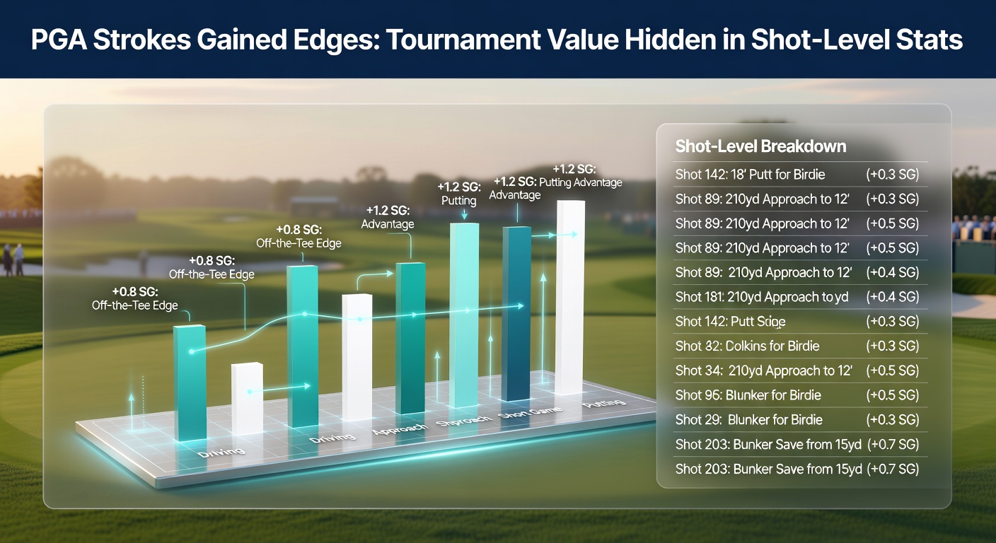 Close-up of PGA Tour ShotLink tracking system in action, with data overlays showing strokes gained metrics on a golf shot