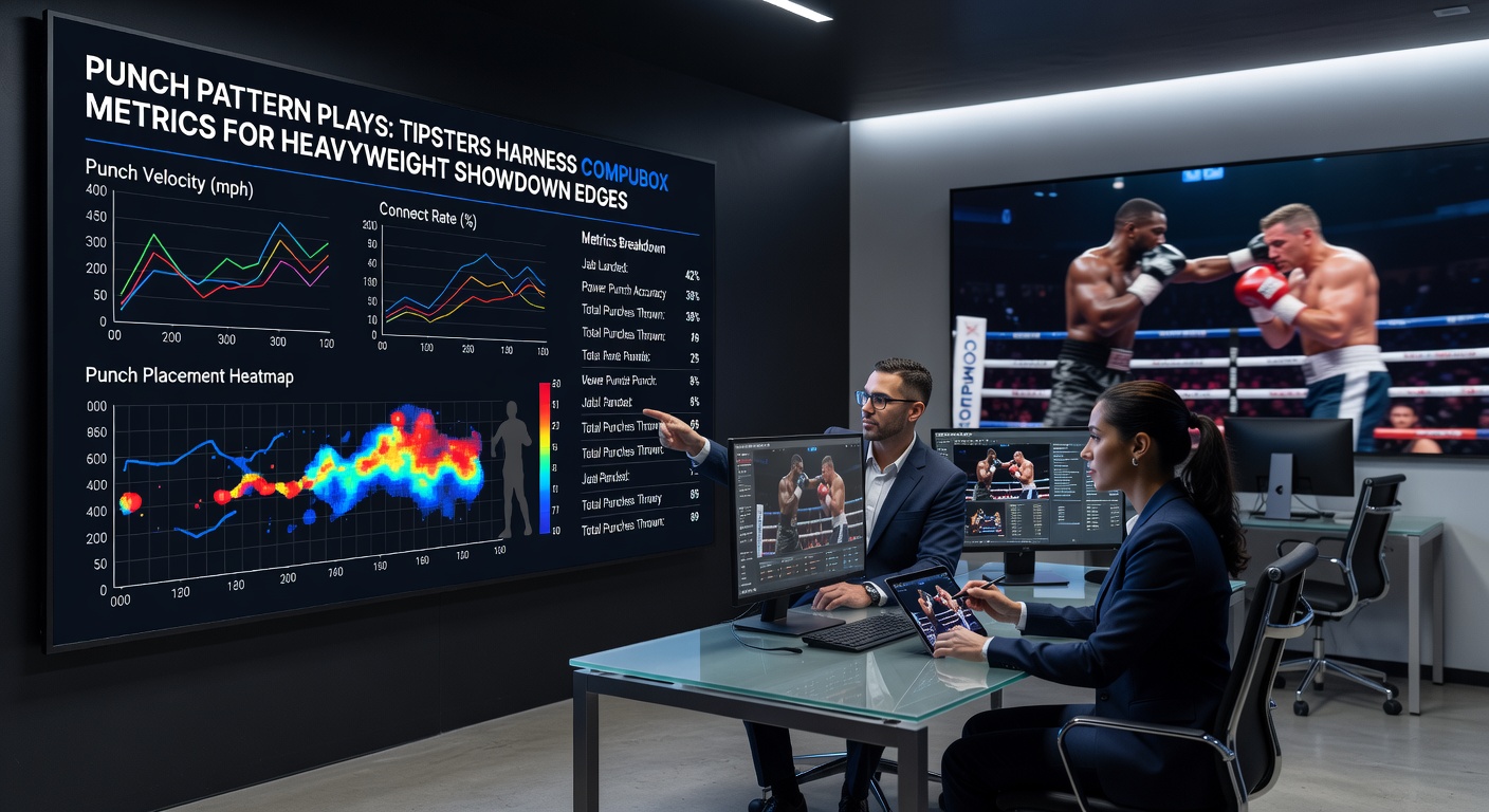 Close-up of a heavyweight boxer landing a power punch, with CompuBox stats showing high connect rates in a championship round