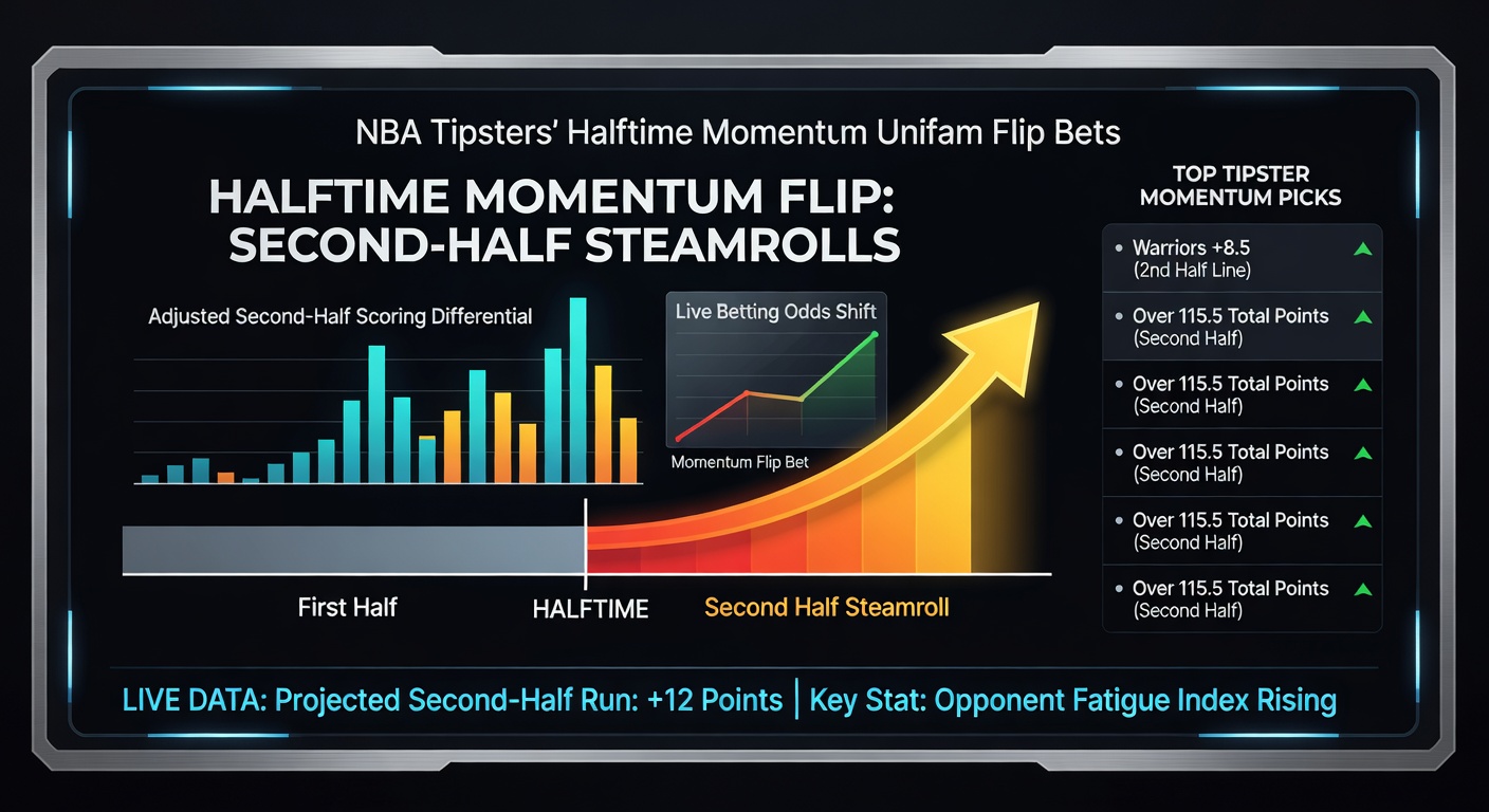 Tipster reviewing NBA halftime analytics on a laptop during a March 2026 game, charts showing momentum flip probabilities