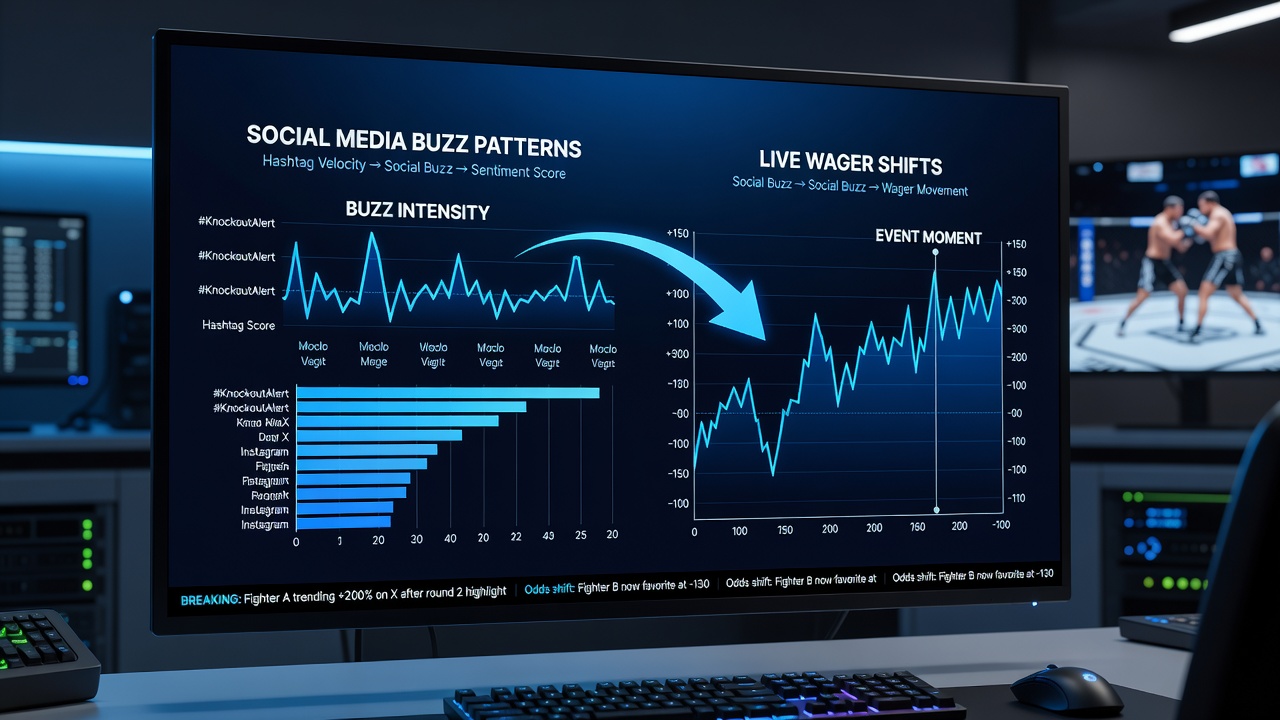 Live betting dashboards showing odds movement alongside social media sentiment graphs during MMA events