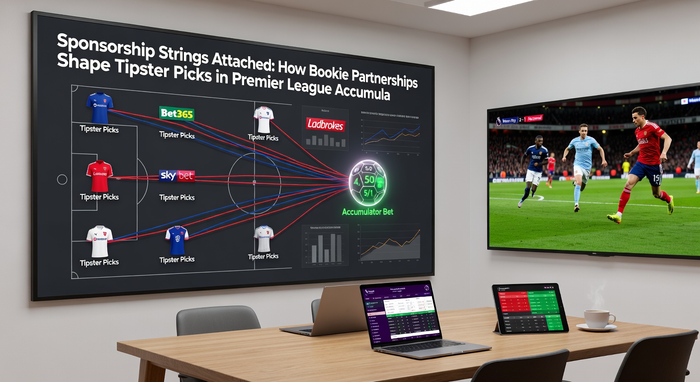 Tipster dashboard on screen displaying Premier League acca picks with bookmaker logos overlaid, graphs showing sponsorship influence on selections