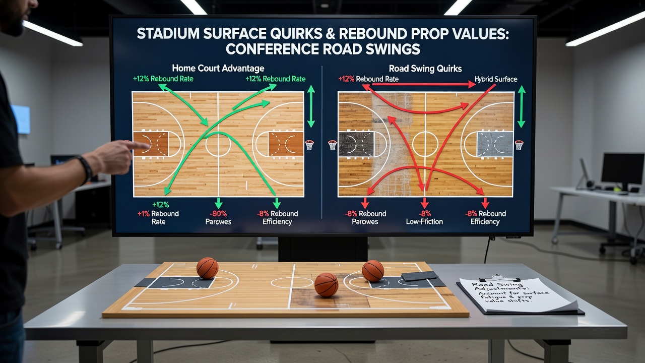 Close-up of basketball arena floor during a conference matchup with visible wear patterns