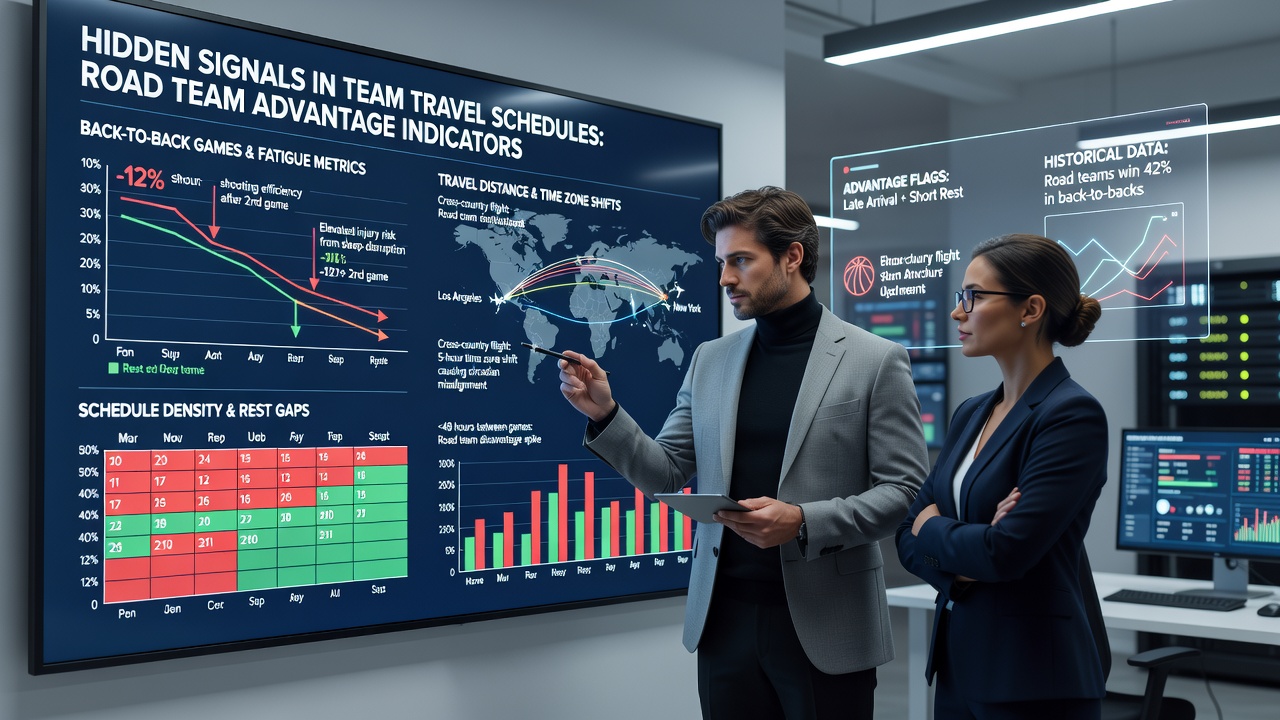 Analyst reviewing basketball schedule charts and travel data on multiple screens
