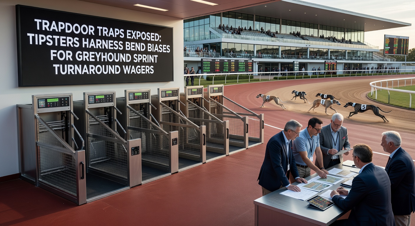 Close-up of greyhounds jostling at the trapdoor bend, with a wide-trap dog fading while inner runner surges ahead