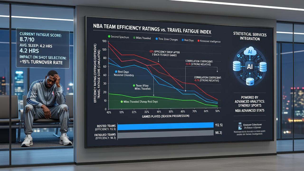 Advanced statistical dashboards displaying NBA team efficiency ratings impacted by travel fatigue