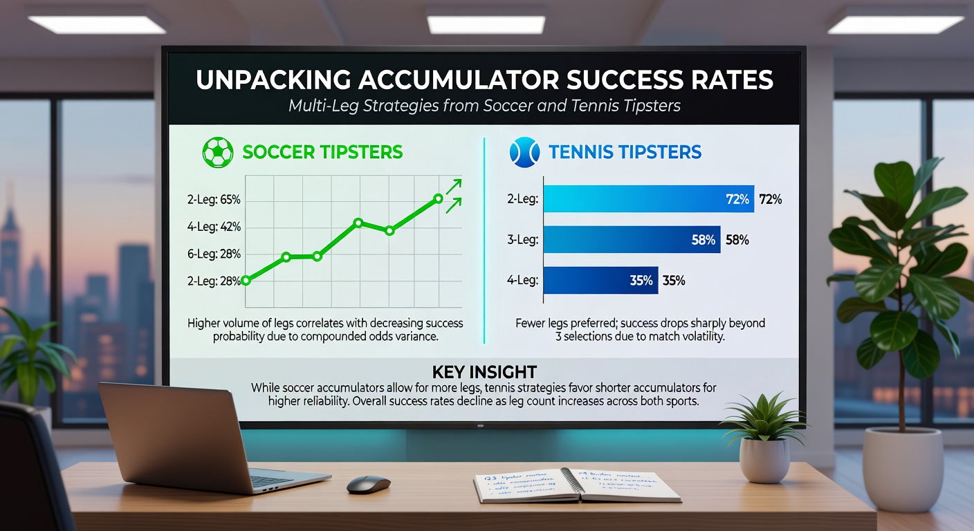 Line graph comparing tennis accumulator success rates across hard, clay, and grass courts, showing clay trebles at 15% versus hard court five-legs under 1.5%, with peaks during Grand Slam qualifiers