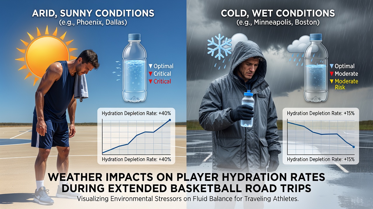 Athletic trainers monitoring player hydration levels during a humid basketball road game