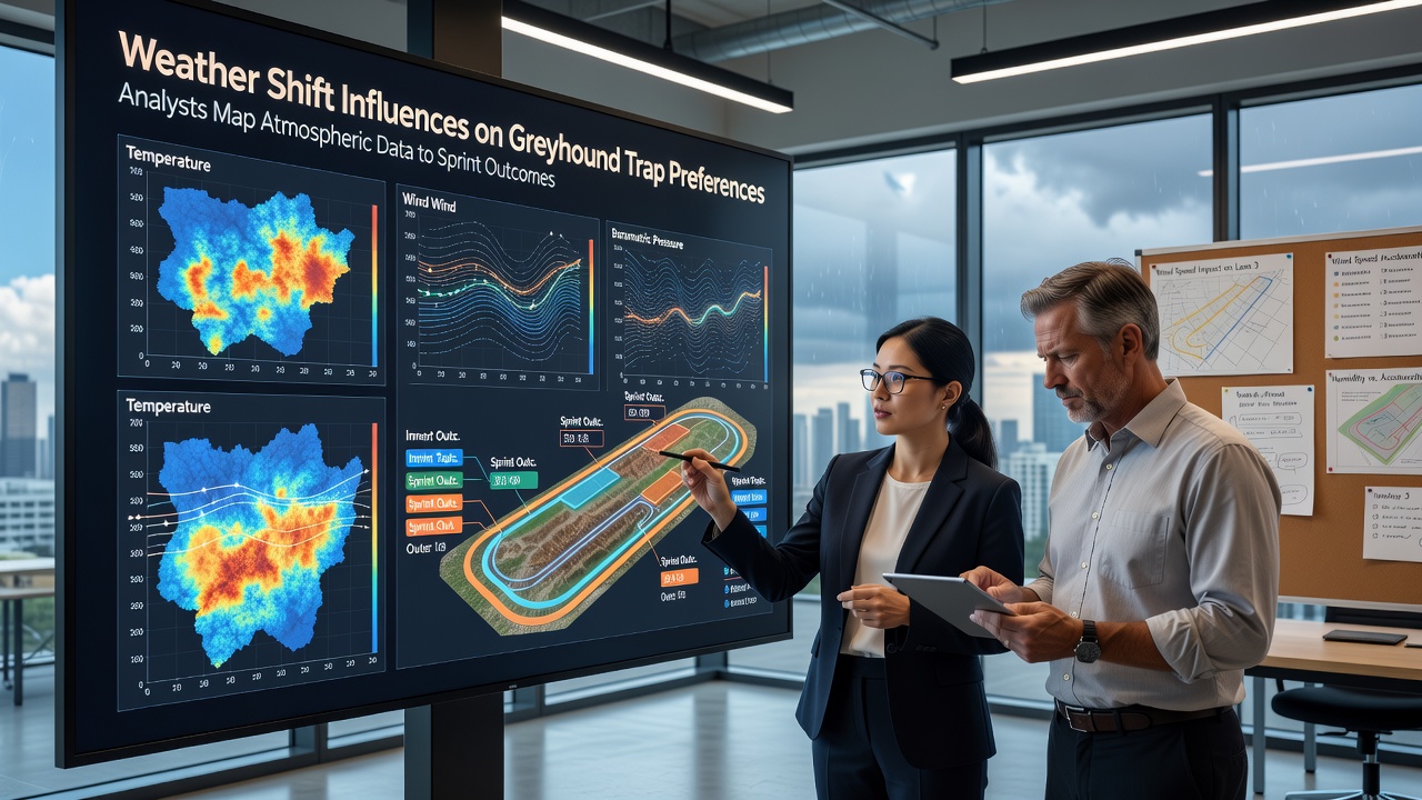 Greyhound analysts reviewing weather charts and sprint outcome heatmaps on multiple screens